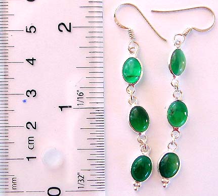 Fish hook sterling silver earring with 3 oval shape genuine green agate stone in chain pattern design 