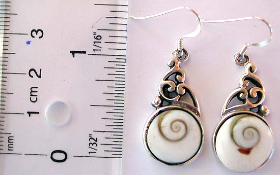 Shiva's eye shell gemstone jewelry Cut-out leaf pattern motif fish hook sterling silver earring with a rounded spiral pattern design white stone embedded on bottom