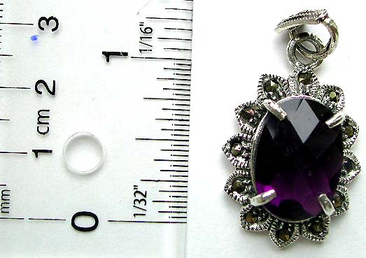 Multi mini marcasites stone embedded pipeapple pattern sterling silver pendant with an oval amethyst stone inlay in middle