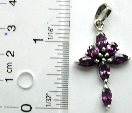 Olive shape dark purple amethyst stone forming cross pattern sterling silver pendant