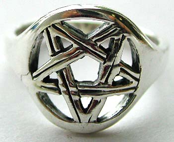 The Pentacle often used as a talisman for protection, for kicking out evils, for divine life, and good health. Pentagram ring, pentagram wiccan jewelry collection - Sterling silver ring with cut-out mystic star-in-circle pattern design in middle