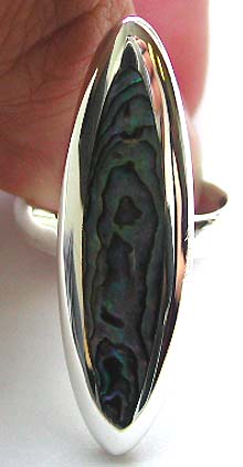 Elliptical genuine abalone paua shell inlay sterling silver ring 