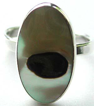 Sterling silver ring with oval shape genuine white seashell with black spot