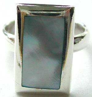 Retangular light blue seashell embedded sterling silver ring