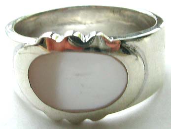 Sterling silver ring with horizontally laid oval shape white mother of pearl seashell embedded in middle