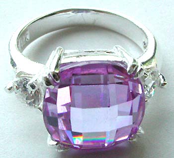 Rounded light purple Cz stone inlay high quality sterling silver ring with a mini clear cz embedded on both sides