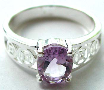 for sale: Sterling Silver Amethyst Color Cubic Zirconia (CZ) Silver Ring with cut out Celtic Chinese coin design on both side