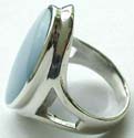 Oval shape light blue seashell inlay sterling silver ring with cut-out pattern on both sides