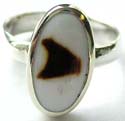 Oval shape genuine white seashell with brown spot inlaid sterling silver ring 