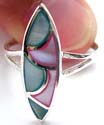 Cut-out 'V' pattern design sterling silver ring with pink and blue seashell forming olive shape pattern motif