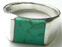 Horizontally laid green genuine turquoise stone inlay widen sterling silver ring