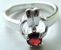 Promise heart pattern design sterling silver ring holding a rounded red Cz stone at center