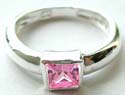 Square shape fine pink color cz stone embedded sterling silver ring 