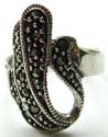 Multi marcasites embedded cut-out curvy leaf pattern design sterling siver ring