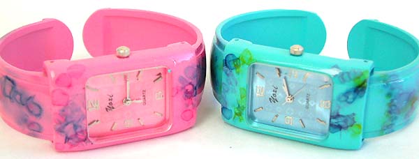 Rectangular fashion bangle watch in assorted color flower pattern design, randomly pick by our warehouse staffs