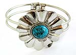 Sterling silver sun flower pattern fashion bangle with imitation turquoise embedded at the center