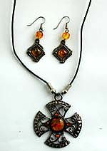 Cotton black rounded cord fashion necklace and earring set with imitation amber embedded on Celtic cross shape pendant