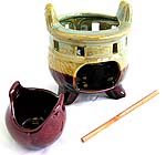 Oriental double incense pot style ceramic oil warmer with stand and a wooden stick