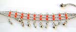 Orange beaded 3 chains connected fashion bracelet with multi mini bells attached on bottom