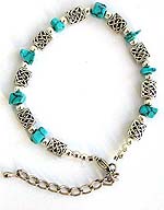 Fashion bracelet with antique silver beads and square genuine turquoise stone bead