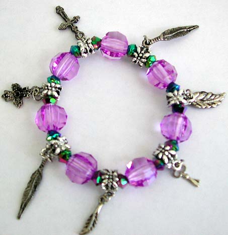 Beaded charms bracelet with multi purple facet beads and silver beads, assorted design figure, leaf, cross, key 