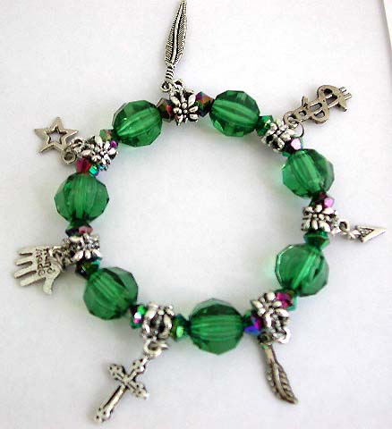 Dark green facet beads and silver beaded fashion charm stretchy bracelet with assorted design figure, leaf, cross, star, hand and triangle