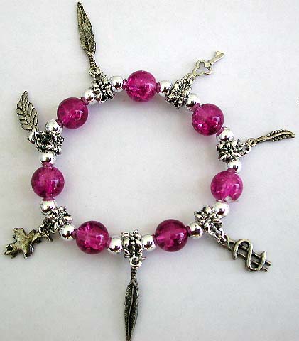 Wholesaler of girl teenage bracelet supply multi dark purple beads and silver beads stretchy fashion charm bracelet with exotic figures, leaf, cross, key and dollar sign 
