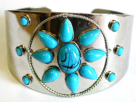 Wholesale bangle bracelet with faux turquoise stone forming flower pattern design in middle 