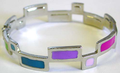 Chinese export silver enamel bangle with cutout rectangle pattern