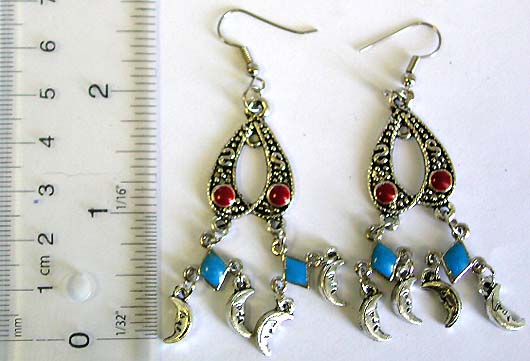 Indian style red beaded fashion fish hook earring with blue beaded moon dangle