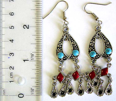Indian style blue beaded fashion fish hook earring with red beaded multi tear-drop dangle 