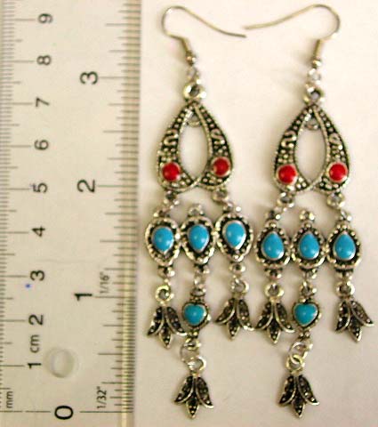 Wholesale Indian jewelry - Indian style Red beaded fashion fish hook earring with blue beaded multi leaf design dangle 