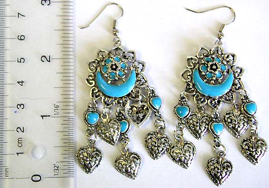 Indian style blue beaded moon flower design fashion fish hook earring with multi leaf / heart pattern hanging on bottom