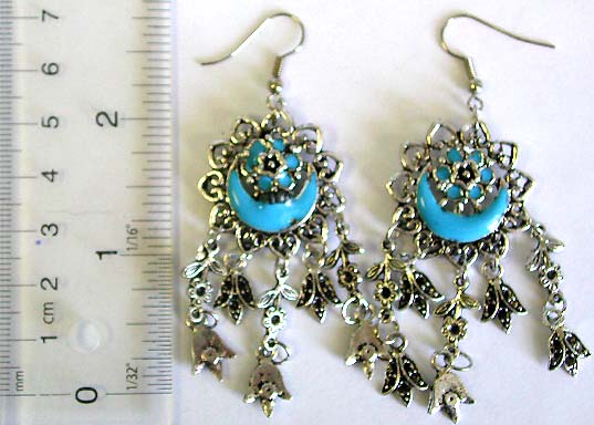 Indian style blue beaded moon flower design fashion fish hook earring with multi leaf / heart pattern hanging on bottom