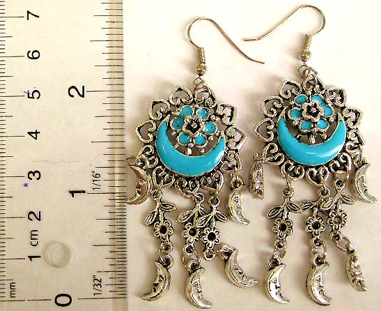 Fashion imitation jewelry of Indian Earring - blue beaded moon flower dangle