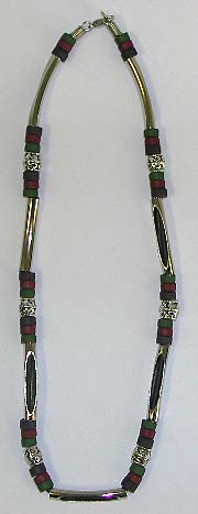 Stylish tube necklace with multi long link metal and red and green color beads forming industrial fashion necklace