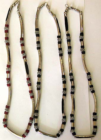 Industrial tube necklace wholesale - Multi black in color long link metal, color beads and Bali silver beads forming industrial fashion necklace