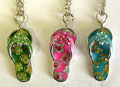 Flip flop jewelry with crystal - flipflop necklace with assorted color flower slipper sandals design fashion pendant 