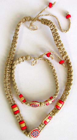 Orange and yellow beads embedded fashion hemp strip necklace and bracelet set, tie knot to close 
