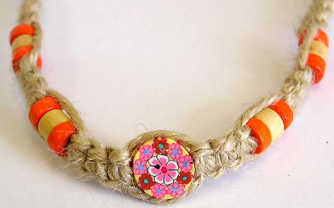 Orange and yellow beads embedded fashion hemp strip necklace and bracelet set, tie knot to close 