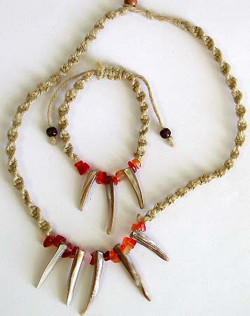 Fashion hemp string necklace and bracelet set with multi red agate and spiky seashell pattern set in middle