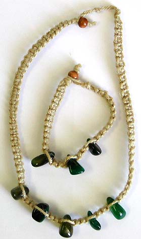 Beaded Hemp Hippie Jewelry - hemp necklace and bracelet set with green agate stone 