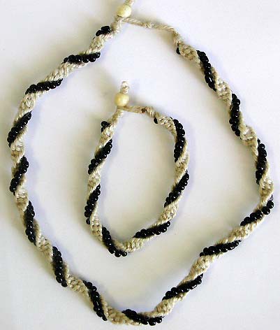 Multi mini black beads and hemp string twisted forming fashion necklace and bracelet set, bead and double loop to close