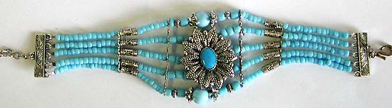 Bali bead bracelet with faux turquoise stone and blue seed beads