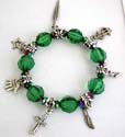 Dark green facet beads and silver beaded fashion charm strecthcy bracelet with assorted design figure, leaf, cross, star, hand and triangle