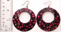 Fish hook fashion earring in black color with mini red flower decor cut-out double circle design 
