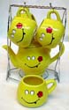 Yellow smiling face design fashion ceramic tea pot and tea cup set with stand 