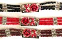 Multi color beads forming 3-strings Tibetan fashion bracelet with multi red cz forming flower pattern set in middle