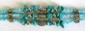 Multi light blue beads forming 3-strings Tibetan fashion bracelet with multi dark / light blue turquoise stone chips and silver beads embedded in middle