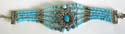 Multi light blue beads forming 5-strings fashion bracelet with turquoise stone embedded flower pattern set in middle